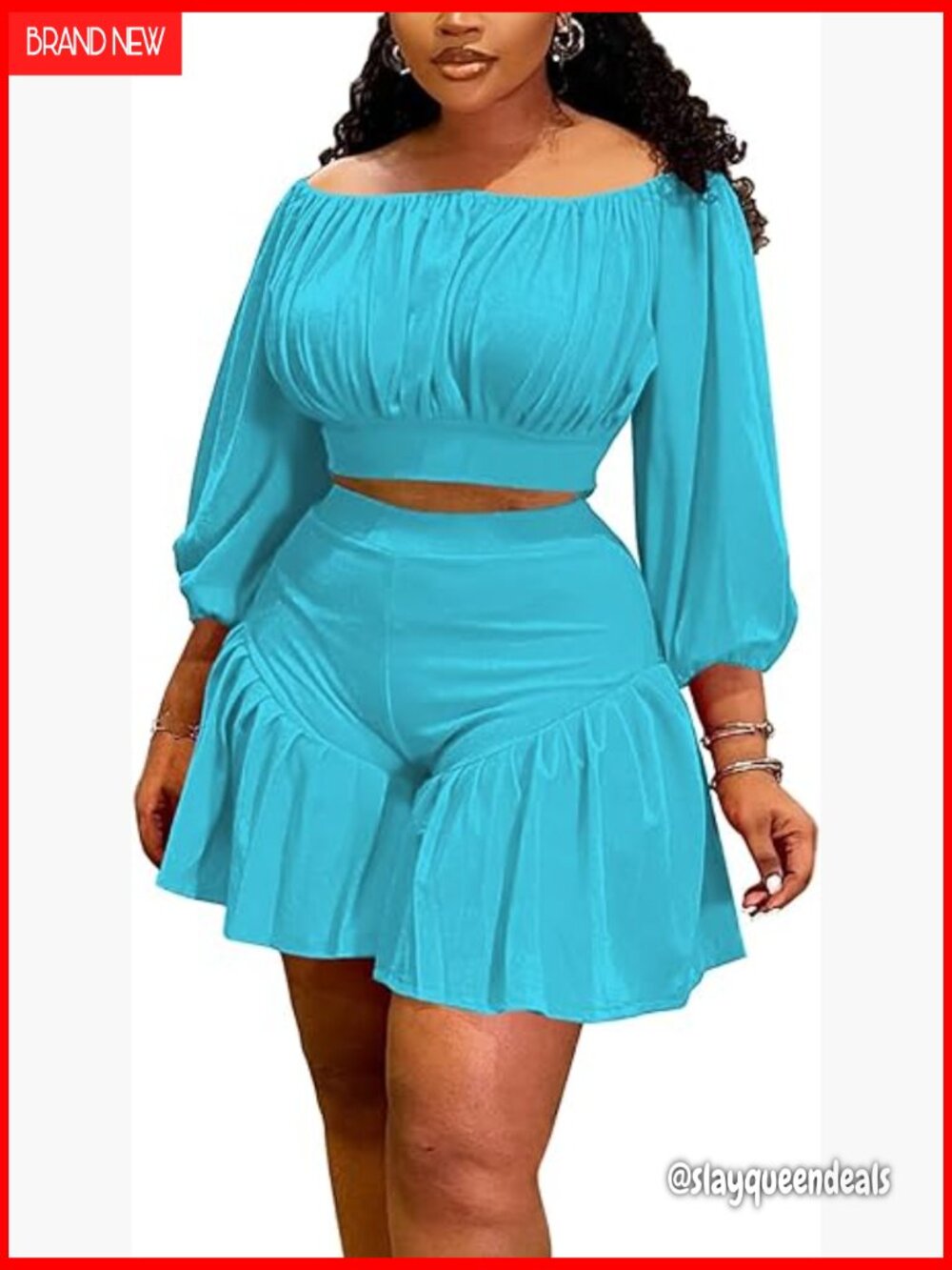 Plus Size 2 Piece Outfits Boat Neck Long Sleeve Crop Top and Ruffle Shorts Set